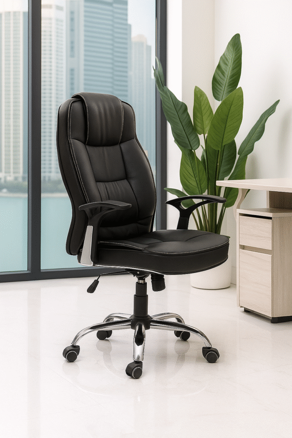 High-Back Executive Office Chair – Black Leather with Chrome Base