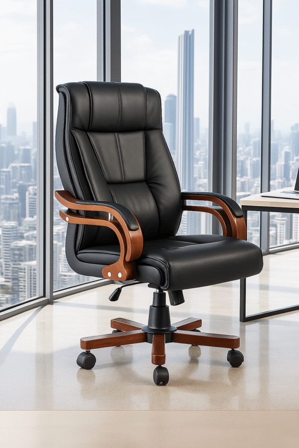 Executive Leather Office Chair – Black with Wooden Finish