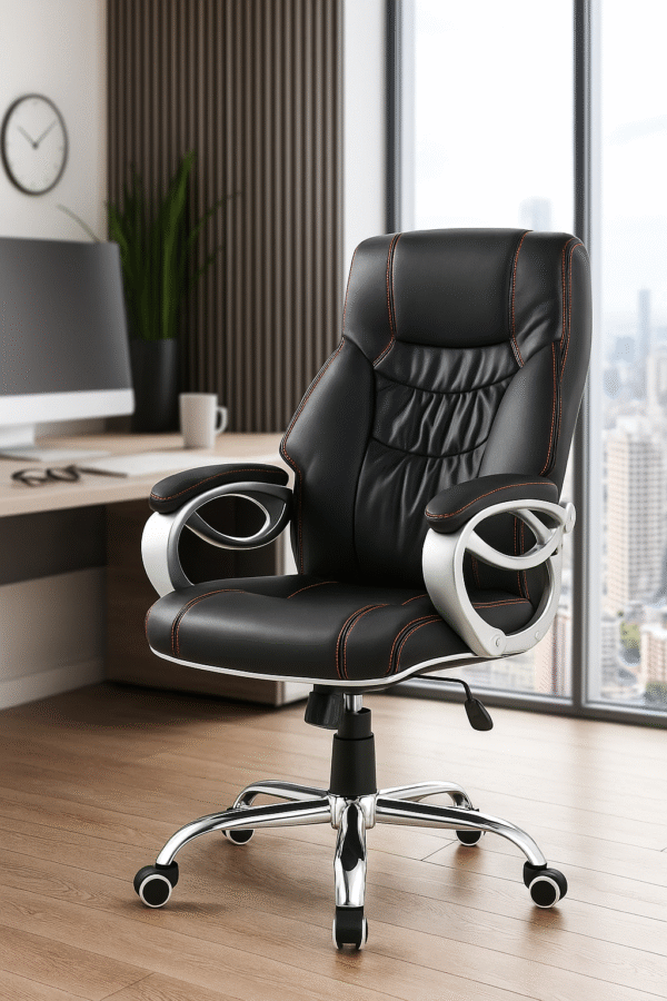 Ergonomic Executive Office Chair – Black PU Leather with Silver Frame