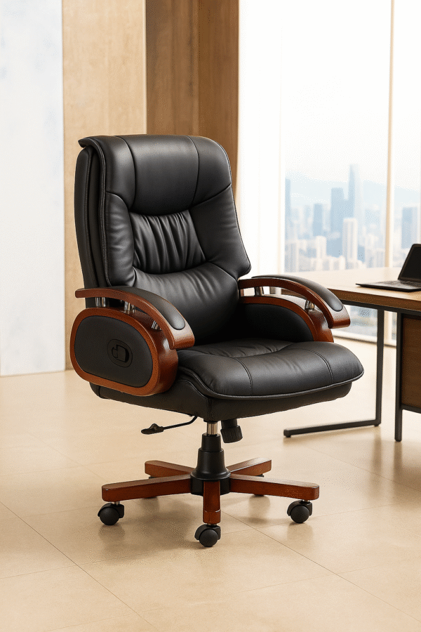 Deluxe Executive Leather Office Chair – Black with Wooden Accents