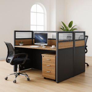 2-Way Modular Office Workstation – Sleek Black & Oak with Frosted Panels