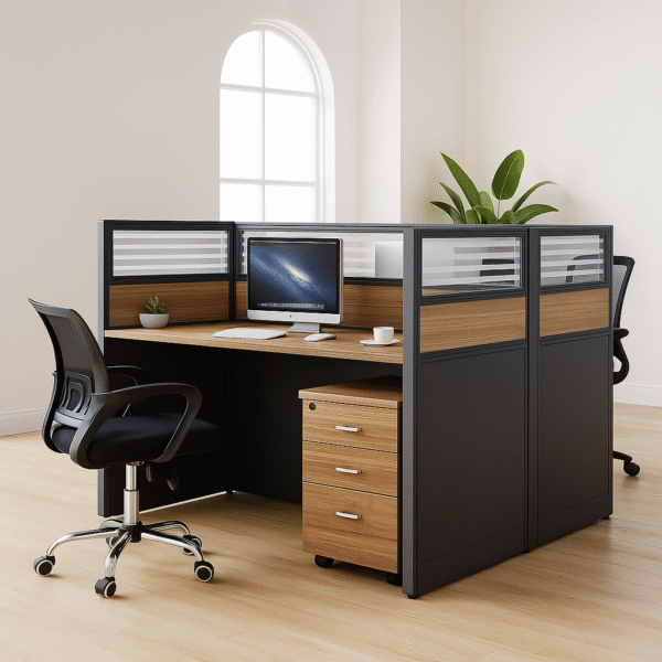 2-Way Modular Office Workstation – Sleek Black & Oak with Frosted Panels