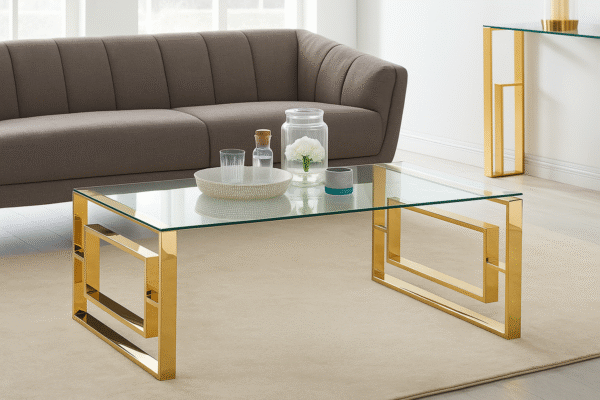 Modern Rectangular Glass Coffee Table – Gold Metal Base