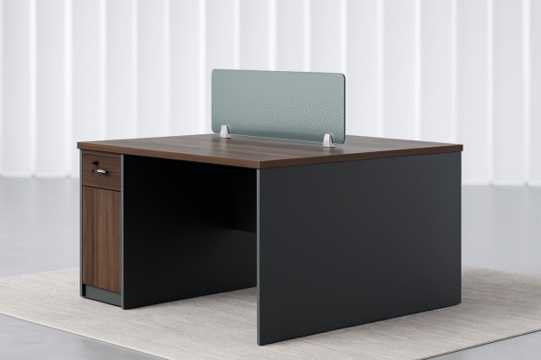 1.2m Dual Workstation Desk with Lockable Storage & Frosted Glass Divider – Walnut & Charcoal Finish