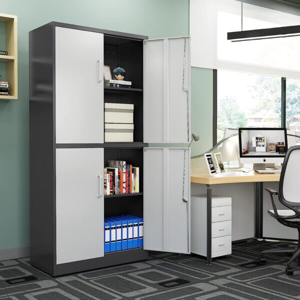 Modern 4-Door Office Storage Cabinet – White & Grey Finish with Locks - Image 3