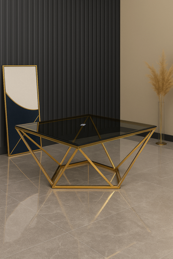 Geometric Gold-Framed Glass Coffee Table – Square Design