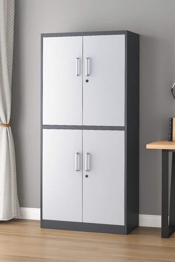 Modern 4-Door Office Storage Cabinet – White & Grey Finish with Locks