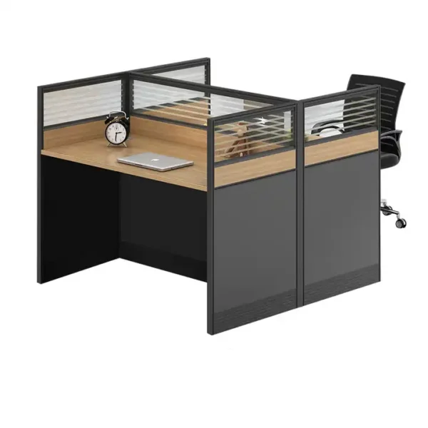 2-Way Modular Office Workstation – Sleek Black & Oak with Frosted Panels - Image 2