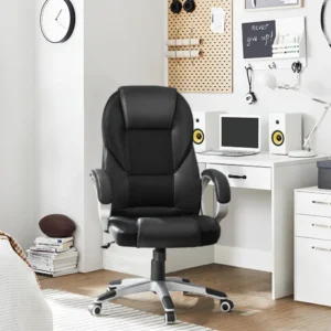 Mid-Back Executive Office Chair – Black PU Leather with Silver Accents