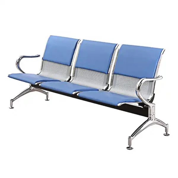 3-Seater Waiting Bench – Blue Cushioned Seats with Chrome Frame - Image 2