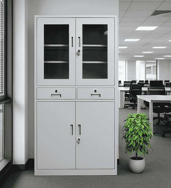 4 door metallic cabinet with 2 glass doors