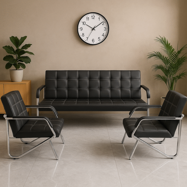 Black Leather & Chrome Executive Waiting Area Sofa Set