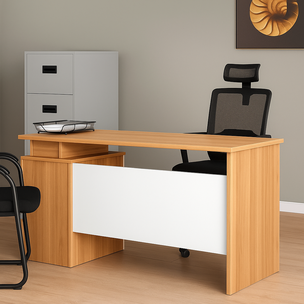 Modern Executive Office Desk – Light Oak with White Modesty Panel (1.2m)