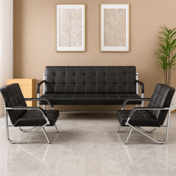 Black Leather & Chrome Executive Waiting Area Sofa Set - Image 2