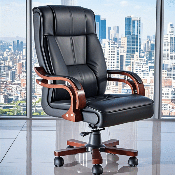 Executive Leather Office Chair – Black with Wooden Finish - Image 3