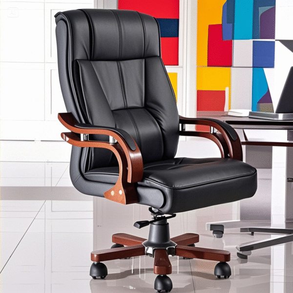 Executive Leather Office Chair – Black with Wooden Finish - Image 2