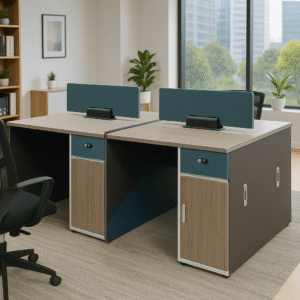 Modern 4-Way Modular Workstation – Teal Partition & Woodgrain Finish
