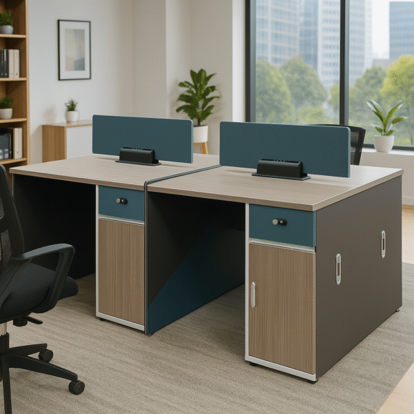 Modern 4-Way Modular Workstation – Teal Partition & Woodgrain Finish